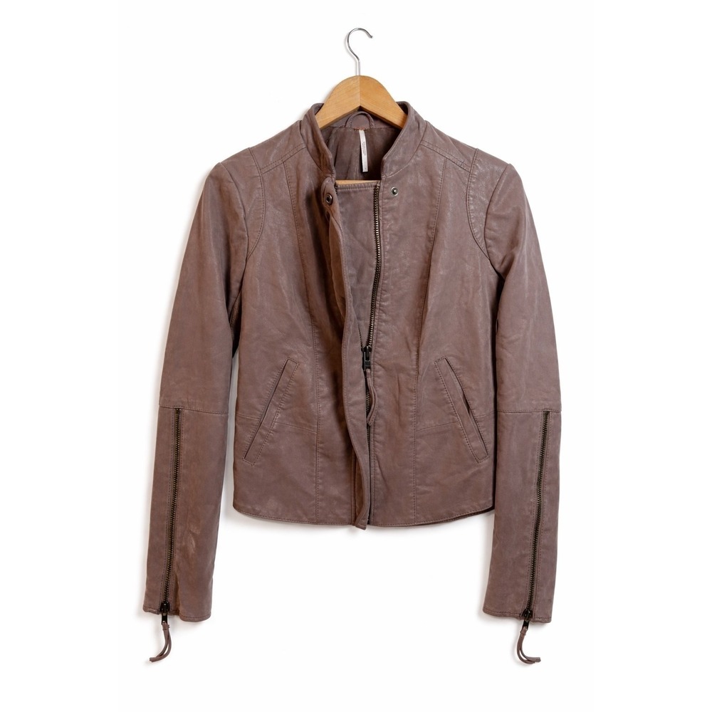 Free People Vegan‎ Leather Moto Jacket Mauve Purple Ribbed Knit Panels Size 4